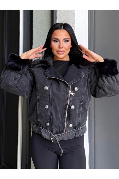 QİMYA BUTİK Sagi̇ Women's Cuff & Collar Fur Detailed Metal Button Cross Zipper Inside Fully Fur-Lined Denim Coat