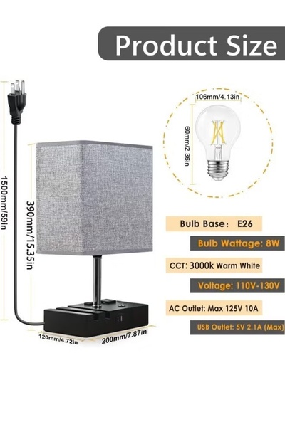 Generic Desk Lamp Bedside Lamp Dimmable Table Lamp with 2 AC Outlet and Phone Slots LED Bulb Included