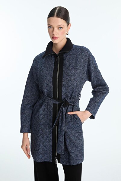 Zühre Patterned Belted Navy Blue Jacket C-0178
