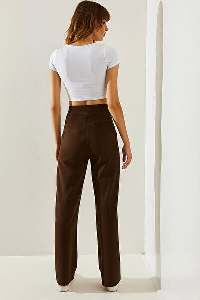 Ramior Women's Brown Velcro Waist Detailed Palazzo Fabric Trousers