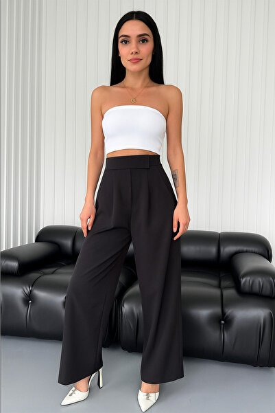 Ramior High Waist Palazzo Women's Trousers with Hook and Loop Detail - Black