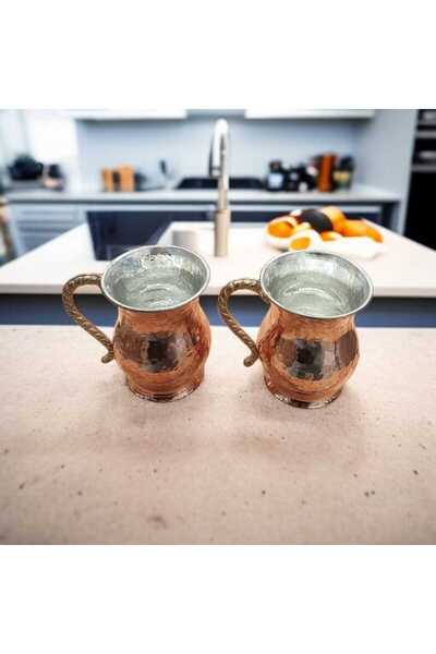 Bakır Center Akır Cup & Copper Mug Forged Copper Ayran Cup with Handle 2 Pieces High Quality Thick Copper Mashrafa