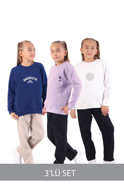 Rekormoda Детски комплект от 3 части, тъмносин-лилаво-екру, 3-слойна блуза с принт, 5-14 години