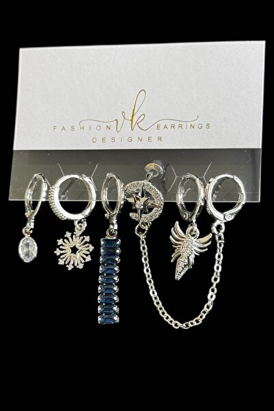 TAKIŞTIR مجموعة من 6 أقراط فضية اللون مرصعة بالأحجار