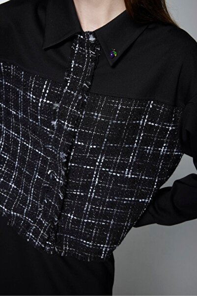 Zühre Black Double Suit with Tweed Patterned Brooch Tk-1699