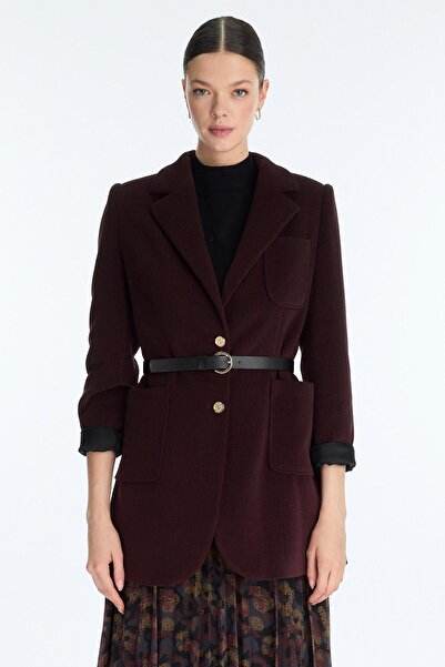 Zühre Double-Breasted Burgundy Jacket with Collar Belt Detail C-0170