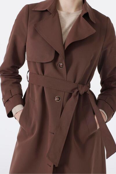 Zühre Kruvaze Yaka Kol İşleme Detaylı Kahve Trençkot 13724