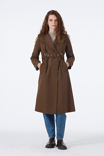 Zühre Double-Breasted Brown Trench Coat with Lapel Epaulet Detail and Belt 13758
