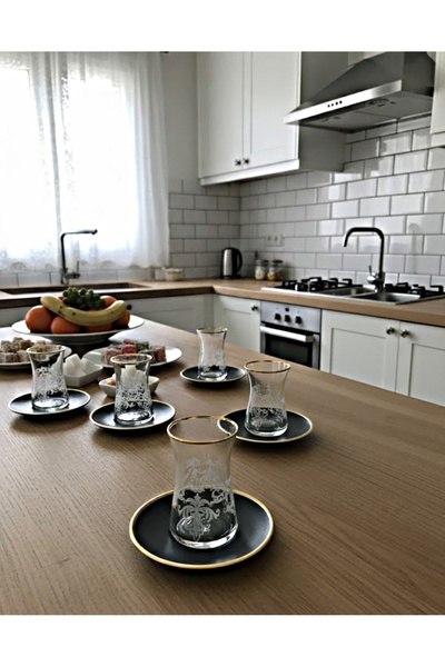 Paşabahçe Heybeli Gold Patterned Tea Set – 12 Pieces 106 Cc | Stylish Presentation Set with Plates