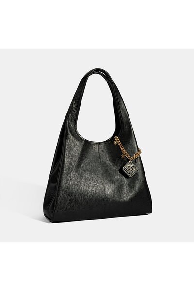 Desa Women's Black Leather Shoulder Bag with Charm Accessories