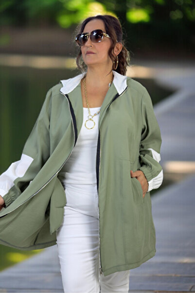 yagmurberen K Hooded Modal Fabric Large Size Seasonal Thin Safari Jacket with Pockets and Zippers