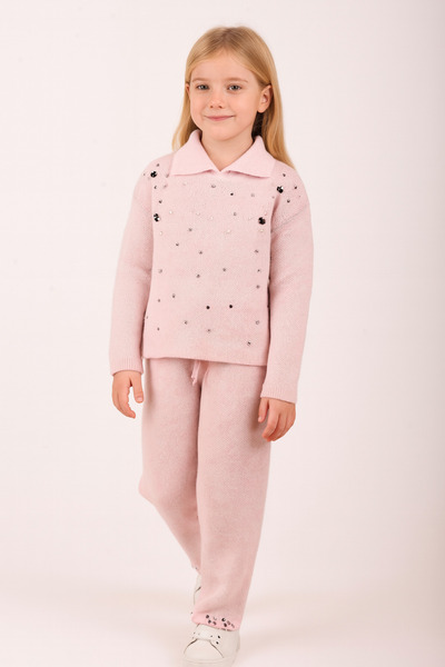 Minora Tricotaj pentru fete Set pantaloni cu guler polo cu perle PUDRA