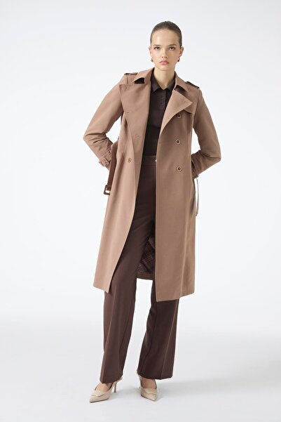 Zühre Double-Breasted Collar Belted Long Mocha Trench Coat 12528