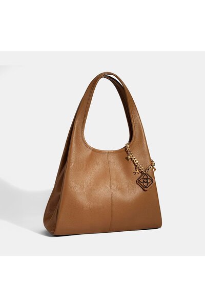 Desa Women's Tan Leather Shoulder Bag with Charm Accessories