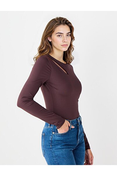 Jimmy Key Πλεκτή μπλούζα με ασύμμετρο γιακά με μακρύ μανίκι Bitter Brown