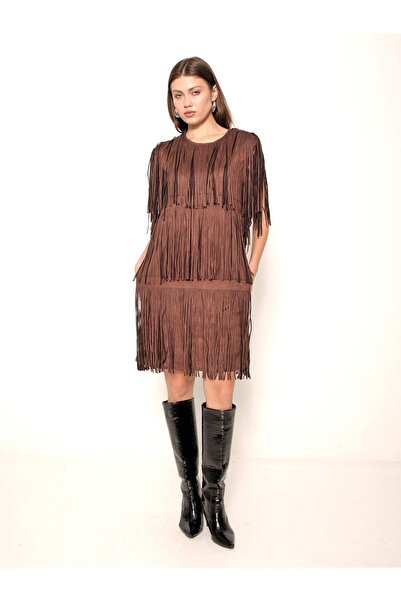 Coral Katlı Saçaklı Süet Elbise 26002 Kahve