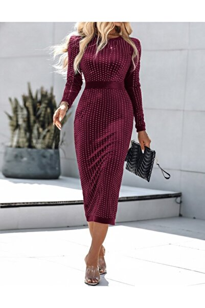 buğrahayalin Women's Long Sleeve Crew Neck Rhinestone Midi Velvet Dress