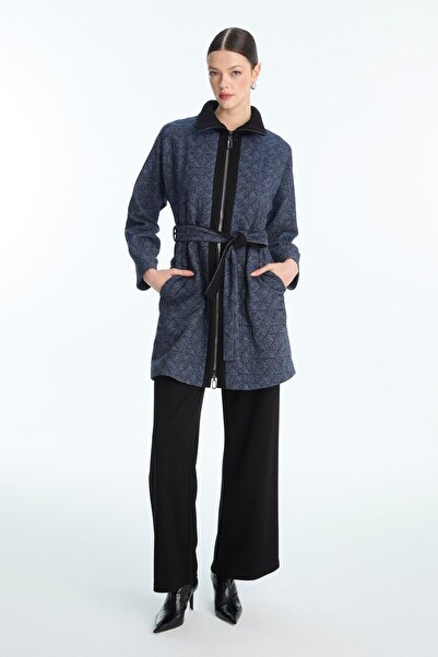 Zühre Patterned Belted Navy Blue Jacket C-0178