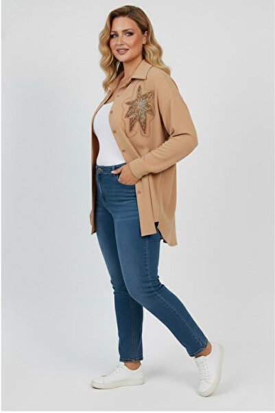 Koza Butik Women's Plus Size Sequin Embroidered Long Sleeve Shirt 1985-26