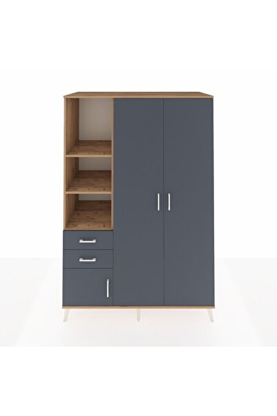 Dienni Kronos Dolap 5 Raflı 2 Çekmeceli Tek Askılı 132x59x195 Çam-Antrasit/An...