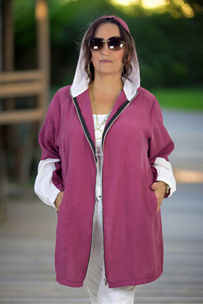 yagmurberen K Hooded Modal Fabric Large Size Seasonal Thin Safari Jacket with Pockets and Zippers