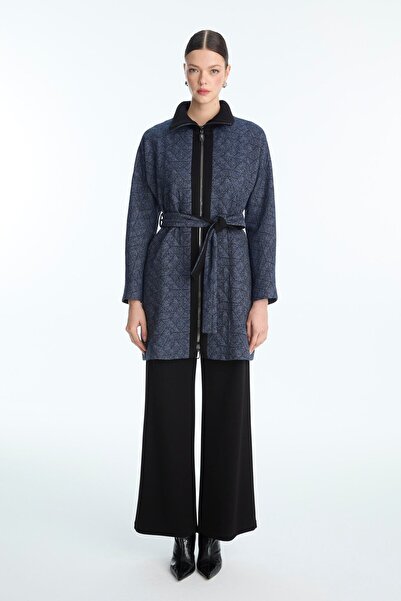 Zühre Patterned Belted Navy Blue Jacket C-0178