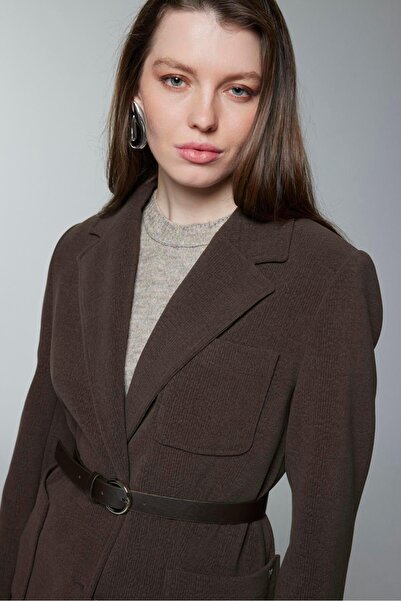 Zühre Double-Breasted Khaki Jacket with Collar Belt Detail C-0170