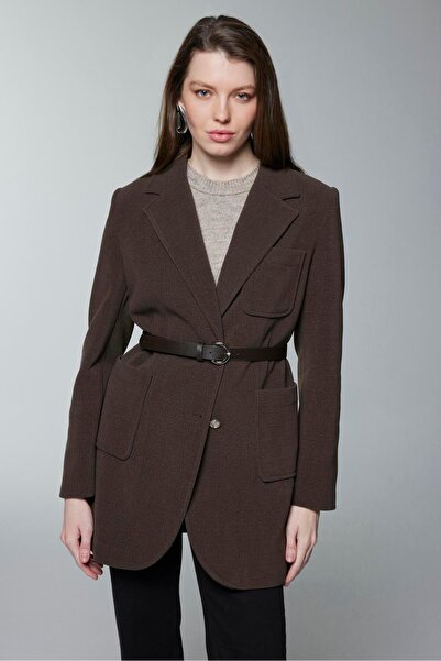 Zühre Double-Breasted Khaki Jacket with Collar Belt Detail C-0170