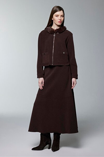 Zühre Fur Collar Zippered Jacket Skirt Brown Double Suit Tk-1730
