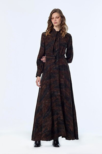 Zühre Collar Detailed Silk Cupra Brown Dress E-0444