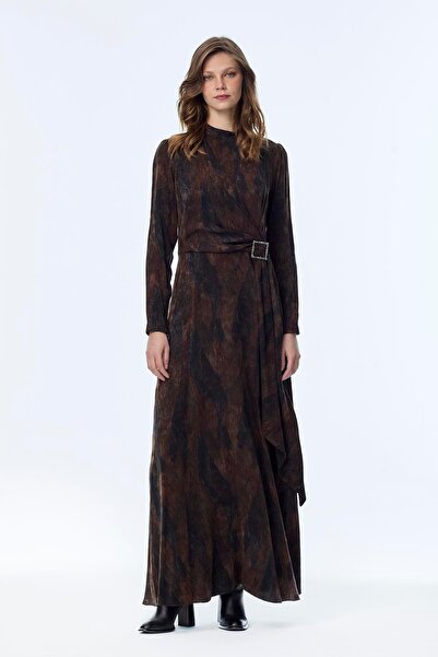 Zühre Silk Cupra Brown Dress with Buckle Detail E-0539