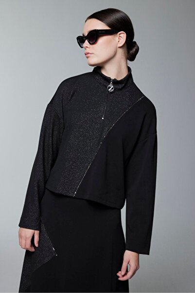 Zühre Stand Collar Color Block Black Double Suit Tk-1180