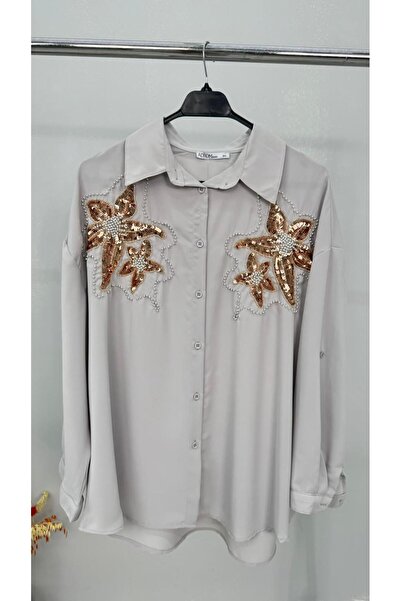 Koza Butik Women's Plus Size Sequin Embroidered Long Sleeve Shirt 1985-26