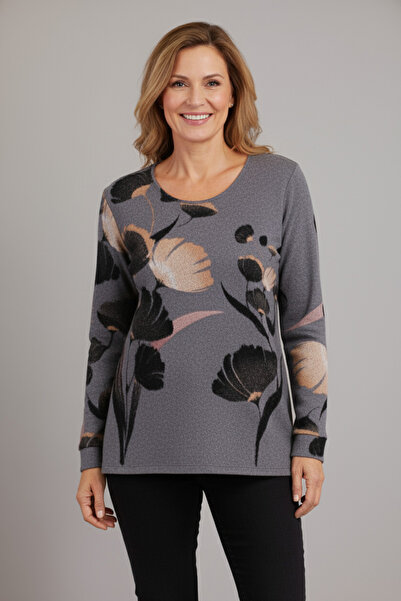 YXL COLLECTION Women's Plus Size Stretch Fabric Crew Neck Floral Print Soft Pullover Mom Blouse