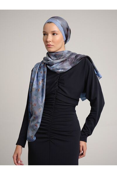 Ayshara Şakayık Çiçek Desenli Çift Taraflı Şal - Kirli Mavi