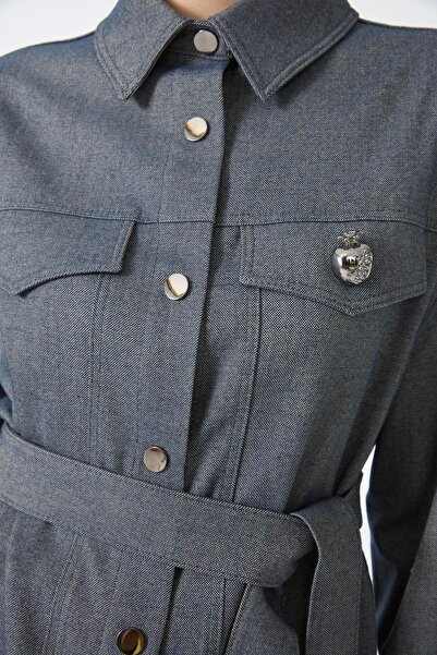 Zühre Brooch Detailed Belted Indigo Jacket C-0158