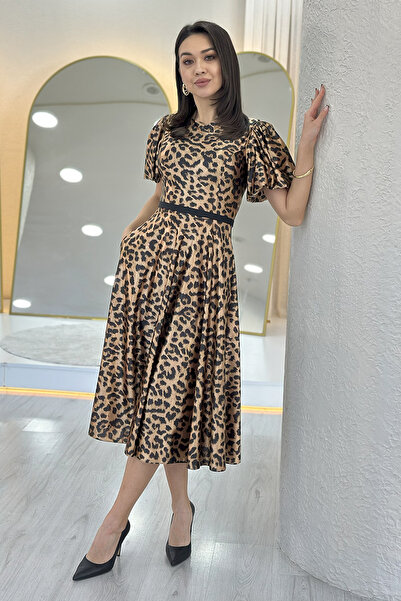 thezkscom Leopar Desen Balon Kol Kemerli Midi Boy Saten Elbise