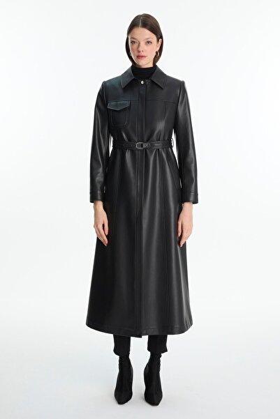 Zühre Gömlek Yaka Kemer ve Cep Detaylı Siyah Deri Trençkot 13825