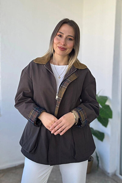 Kubos Moda Kadife Yaka Ekose Astar Detaylı Kahve Ceket Kaban