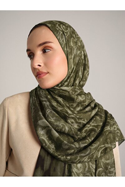 Ayshara شال يالاز بنقشة الزيبرا دمشقي مزدوج الجوانب - أخضر كاكي