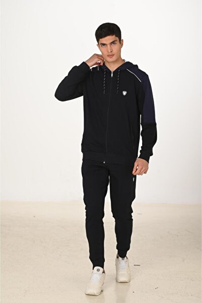 Marco Ferry Men's Cotton Full Zip Hooded Tracksuit Set Navy Blue 5282-L