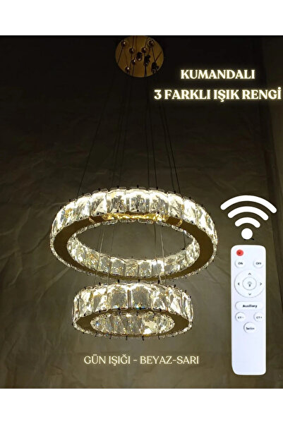 Fera Aydınlatma Noir Gold 2 Katlı Kumandalı ve Dimmerli 3 Renk Ledli Lüks Taşlı Avize