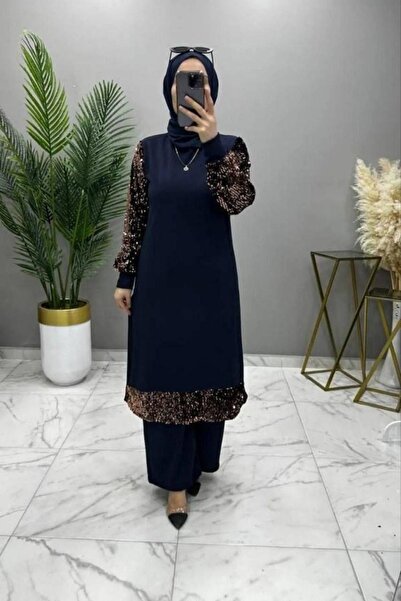 Hugglii طقم بنطلون وبلوزة بيجوم من قماش الكريب السكوبا باللون الأزرق الداكن م...