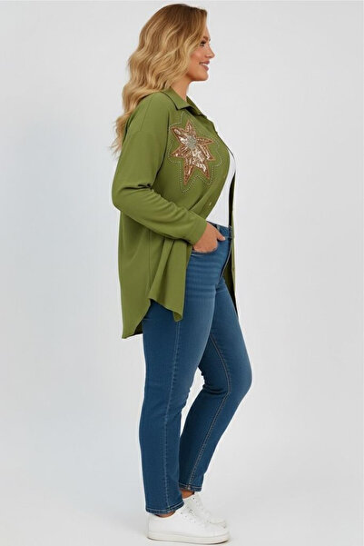 Koza Butik Women's Plus Size Sequin Embroidered Long Sleeve Shirt 1985-26