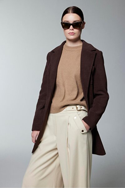 Zühre Double-Breasted Brown Jacket with Collar Belt Detail C-0170