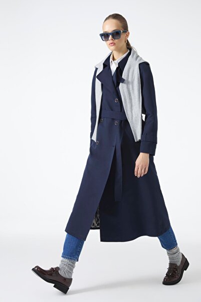 Zühre Apolet Detaylı Kemerli Lacivert Trençkot 13820