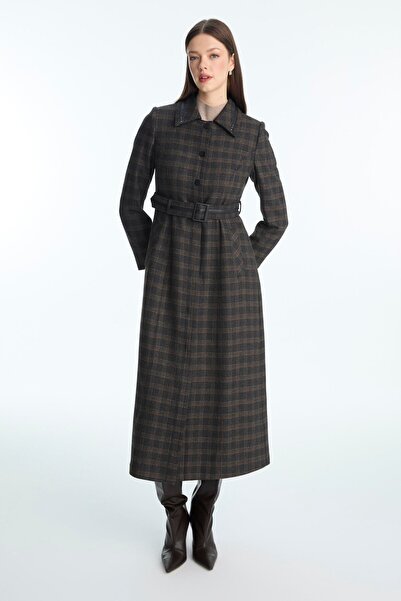 Zühre Plaid Patterned Belt Detailed Black Top Coat 13951