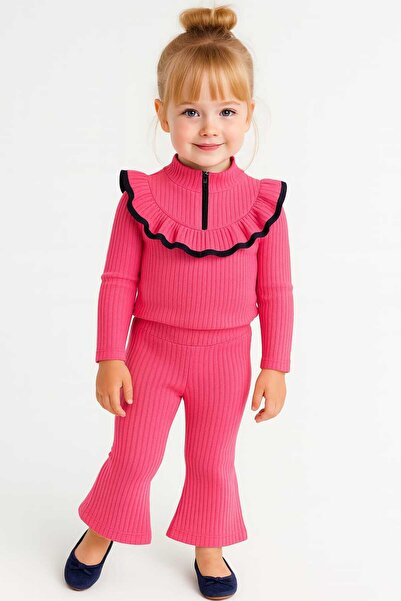 gigigiyim Corded Fabric Girls' Suit with Ruffle Collar Detail