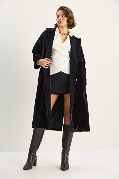 Bianco Lucci Women's Bearded Soft Textured Double-Breasted Collar Lined Pocket Detailed Belted Coat 7021 60283753