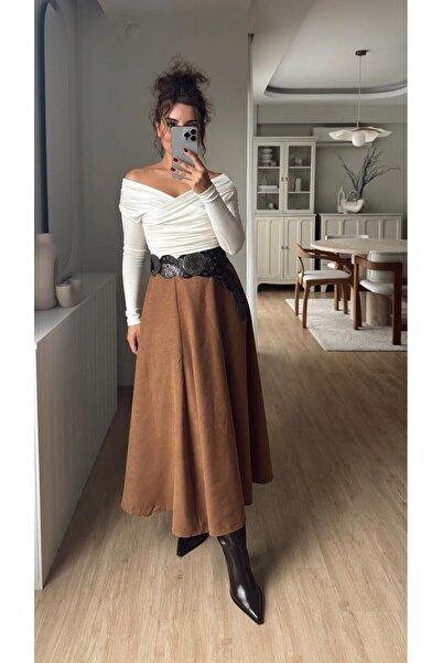 Fistan Byn Melisa Süet Midi Etek Camel